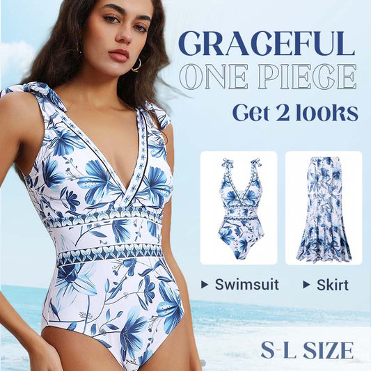 💥 Special Sale 50% OFF💥 V Neck Lace Up Printed One Piece Swimsuit and Skirt🩱