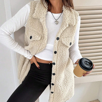 🧥 Women’s Warm Fuzzy Button-Up Vest – Cozy Collared Sleeveless Outerwear for Fall Winter