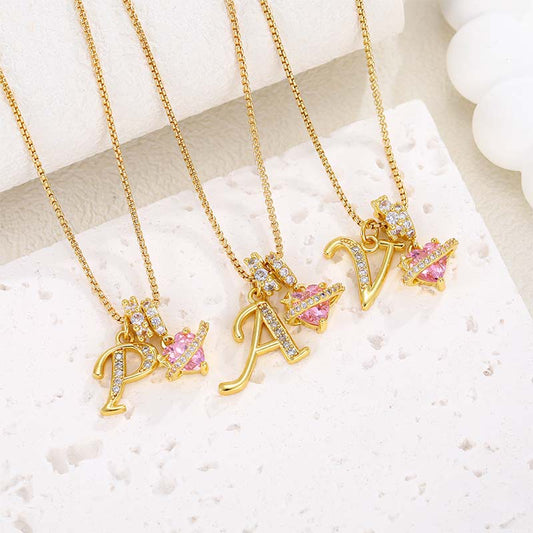💖 Initial Letter Necklace with Pink Heart Charm – Personalized Love Token
