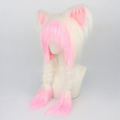 💖Plush Cat Ear Winter Hat with Braided Pigtails