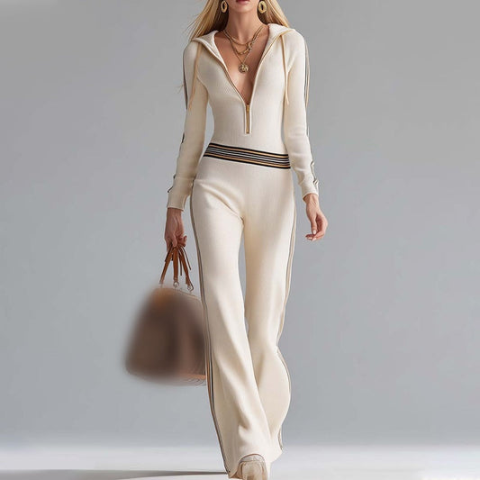 💥💕Women's Hooded V-Neck Zip-Up Knitted Jumpsuit🎁