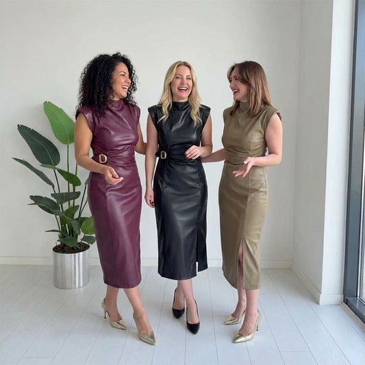 👗💕Women's Ruched Faux Leather Midi Dress🔥