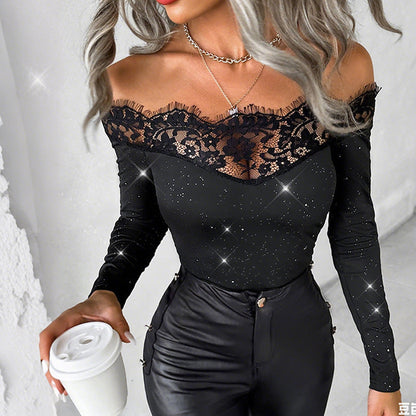 🔥👚Women's Lace Off The Shoulder Glitter Long Sleeve Top💕