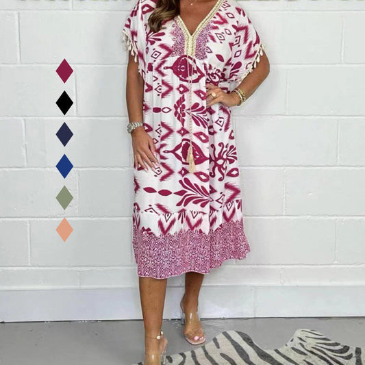 ✨🔥Printed Casual Dress With V-Neckline and Fringes on the Short Sleeves👗