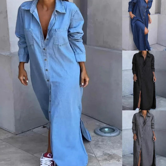 💓Women's Button-Down Silt Denim Maxi Shirt Dress✨