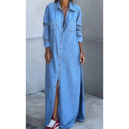 💓Women's Button-Down Silt Denim Maxi Shirt Dress✨