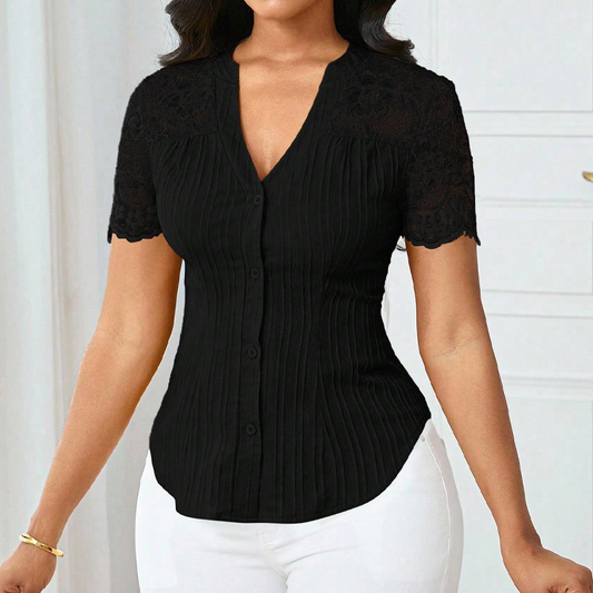 ⏳Time-Limited Special⏰Women's V-Neck Lace Sleeve Button Down Summer Blouse