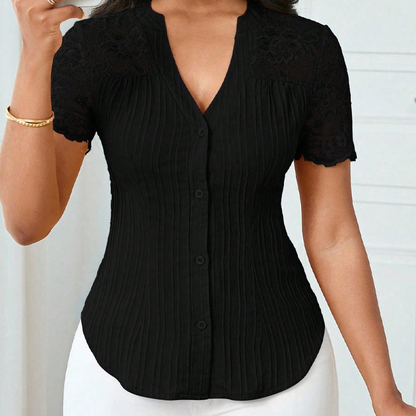 ⏳Time-Limited Special⏰Women's V-Neck Lace Sleeve Button Down Summer Blouse